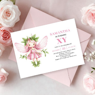 Convites Menina Fantasia Rosa Fada 1º Aniversário Floral