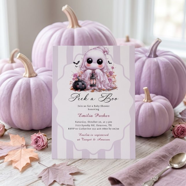 Convites Menina Fantasma Rosa Escondidinho Festa de Bebê de (Pastel Cute Ghost Peek a Boo Halloween Baby Shower Invitation)