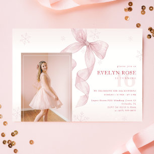 Convites Menina Floco de Neve com Laço Rosa de Inverno Foto