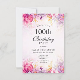 Convites Menina Floral Pastel Aquarela Chic 100º Aniversári