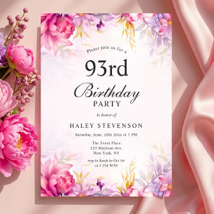 Convites Menina Floral Pastel Aquarela Chique 93º Aniversár