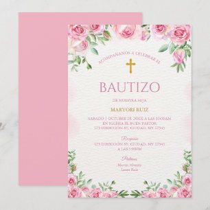 Convites Menina Floral Rosa Aquarela Batismo