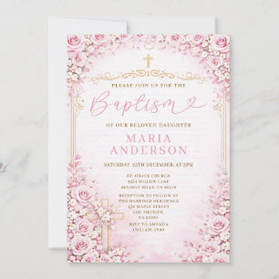 Convites Menina Floral Rosa Batismo Bege Rosa Religião Cruz