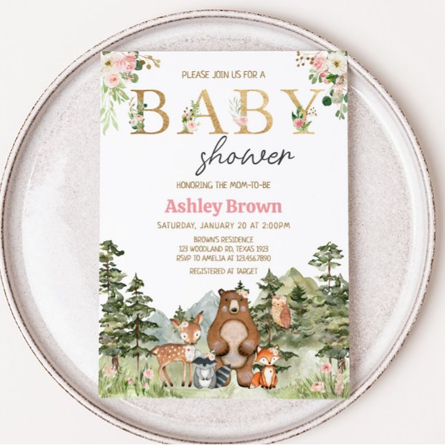Convites Menina Floresta Floral Animais Bebê  (Pink Floral Woodland Baby Shower Invitation)
