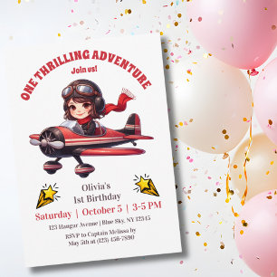 Convites Menina Fofa Avião Antigo Vermelho Aniversário de 1