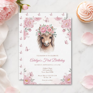 Convites Menina Fofa Cavalo Floral Rosa Aniversário de Um A