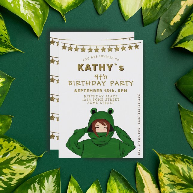 Convites Menina Fofa com Capuz de Sapo Verde Faz Aniversári (Criador carregado)