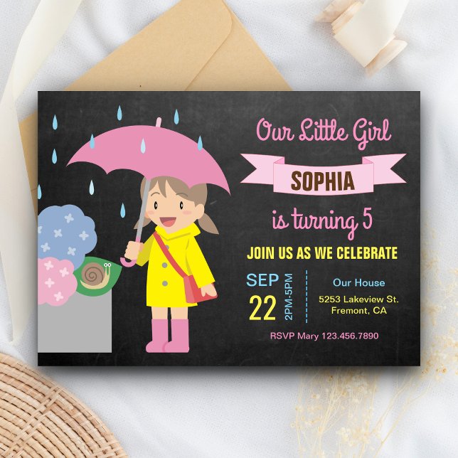 Convites Menina Fofa com Guarda-chuva | Festa de Aniversári (Criador carregado)
