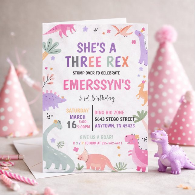 Convites Menina Fofa Dinossauro 3º Aniversário (Criador carregado)