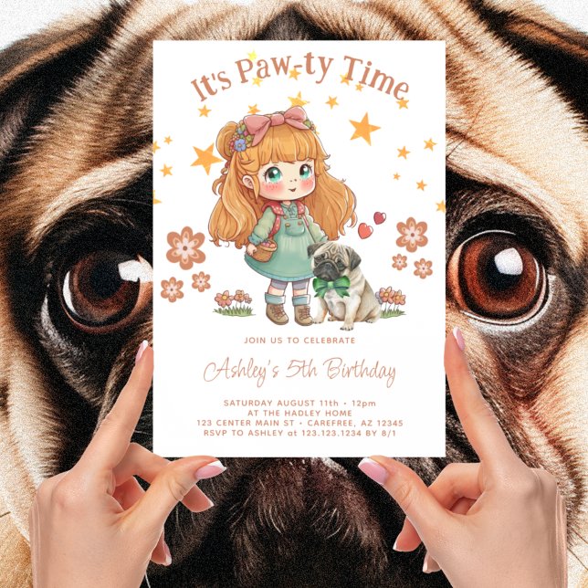 Convites Menina Fofa e Pug É Hora da Festa de Aniversário (Criador carregado)