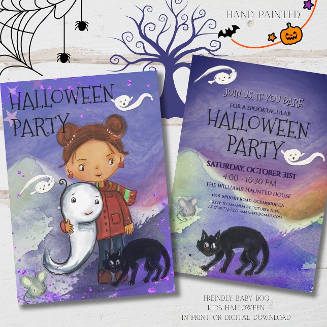 Convites Menina Fofa, Fantasma e Gato Preto | Espetáculo As (Cute Girl, Ghost, & Black Cat  Kids Spooktacular Invitation)