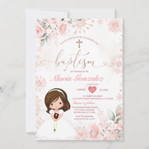 Convites Menina Fofa Rosa Dourado Floral Floco de Neve Bati