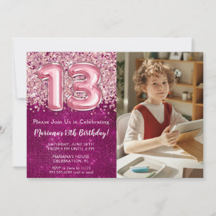 Convites Menina Foto Brilho Rosa Magenta Aniversário de 13