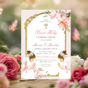 Convites Menina Gêmea Rezando Primeira Comunhão Floral Rosa