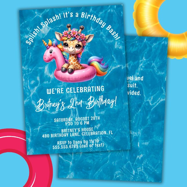 Convites Menina Girafa no Splash Piscina Festa de Aniversár (Criador carregado)