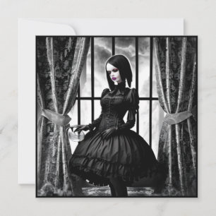 Convites Menina Gótica Preto e Branco de Halloween
