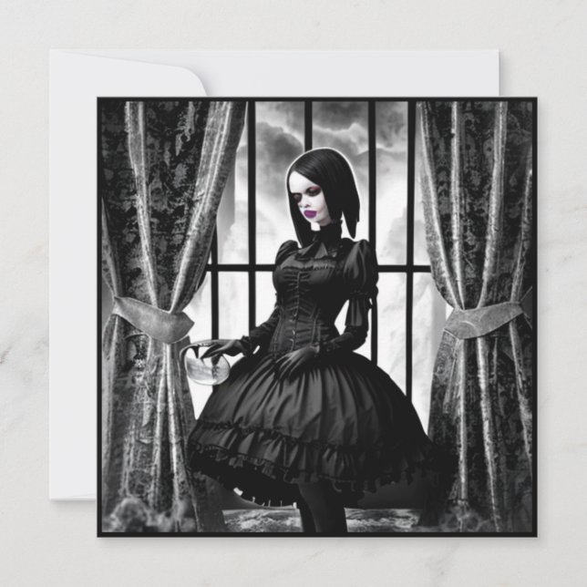 Convites Menina Gótica Preto e Branco de Halloween (Frente)