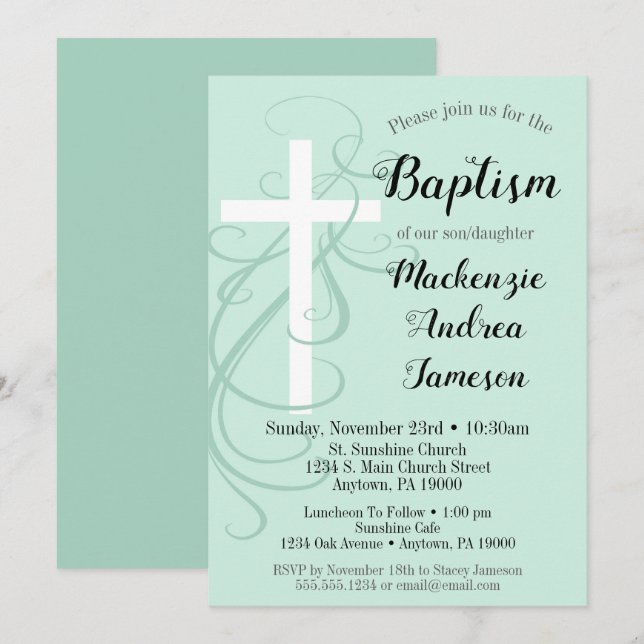Convites Menina Green Swirl Cross Baptism (Frente/Verso)