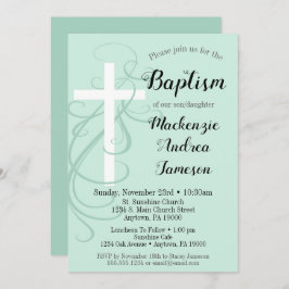 Convites Menina Green Swirl Cross Baptism
