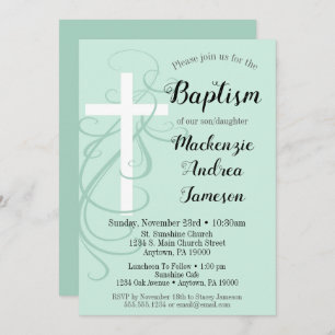 Convites Menina Green Swirl Cross Baptism