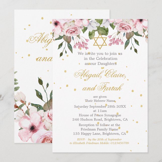 Convites Menina Hebraica, Twin Triplet Cerimônia de Nomeaçã (Frente/Verso)