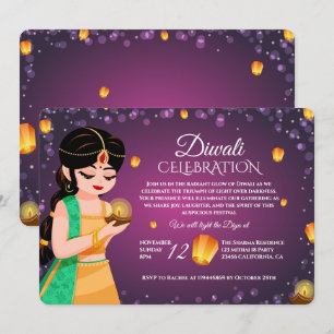 Convites Menina indiana elegante Lanterna Flutuante Diwali 