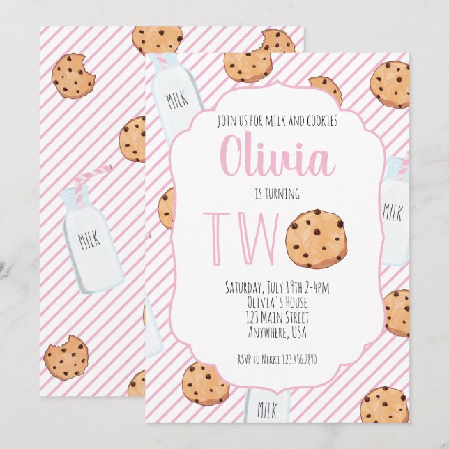 Convites Menina Leite e Biscoitos Rosa 2º Aniversário (Frente/Verso)