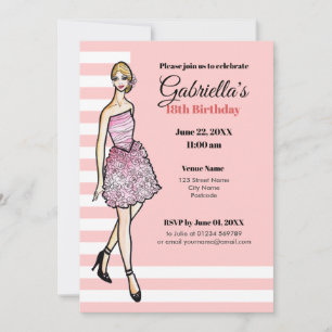 Convites Menina Loira com Vestido de Cocktail de Rosas Rosa