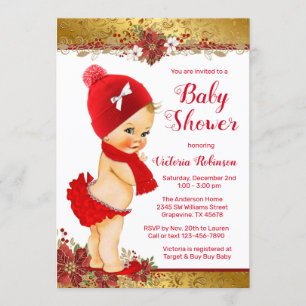 Convites Menina Loira Natal Bebê Dourado Chuvada de Bebê