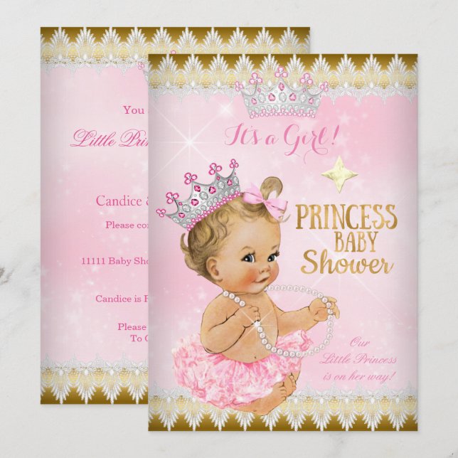Convites Menina Loira Princesa Chá de Bebê Rosa Tutu Dourad (Frente/Verso)