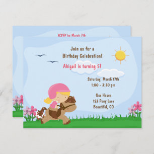 Convites Menina Loura-Bonita Andando Cavalo Castanho Convid