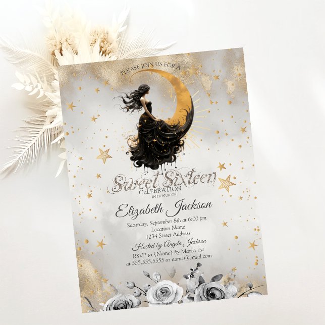 Convites Menina lunar celestial Flores Estrelas Doce 16 (Criador carregado)