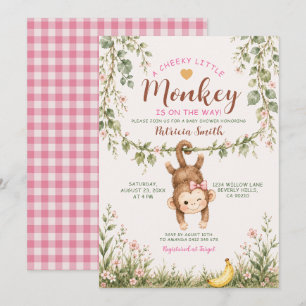 Convites Menina Macaco Travesso Pequeno Rosa Floral Chuvada