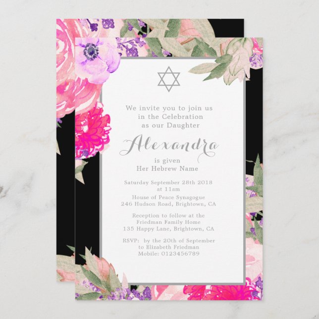 Convites Menina Meninando Cerimônia Hebraica Floral Elegant (Frente/Verso)