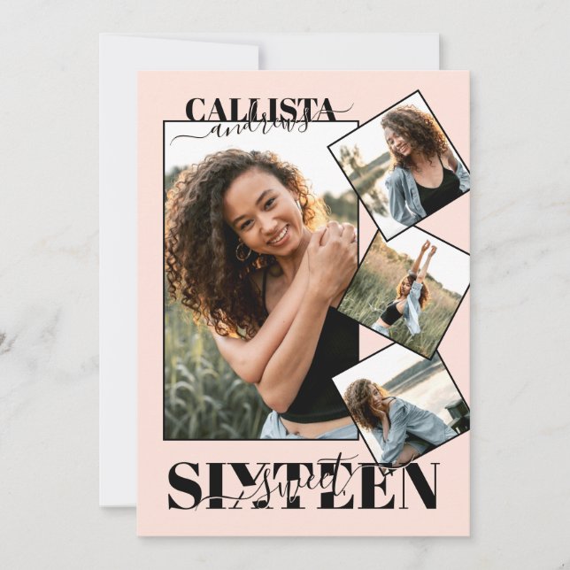 Convites Menina Moderna Blush Pink Preto Quatro Foto Doce 1 (Frente)