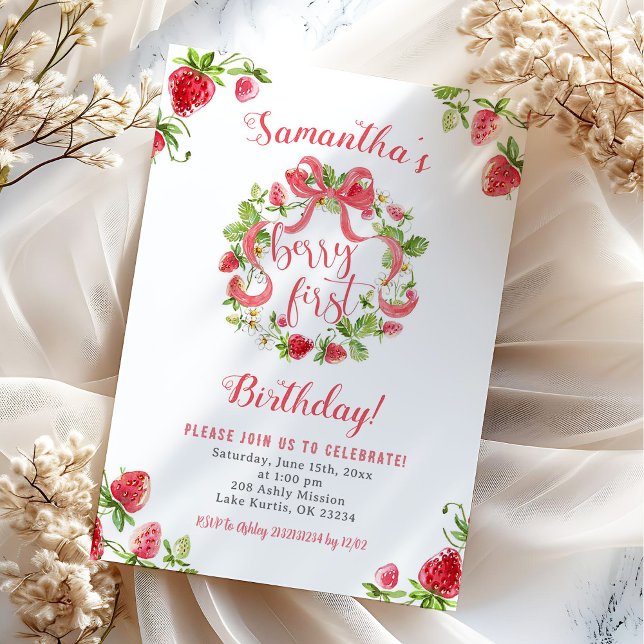Convites Menina Morango Rosa Primeiro Aniversário (Criador carregado)