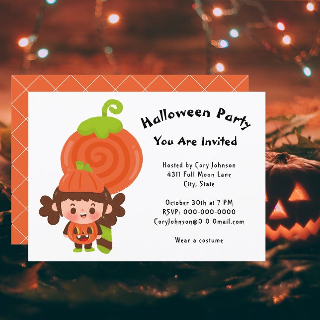 Convites Menina na Festa de Festa de Bosta de Lollipop Hall (Girl in Pumpkin Costume Lollipop Halloween Party Invitation)