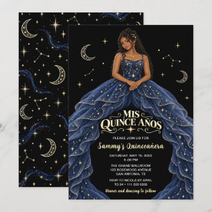 Convites Menina Negra Azul Meia-Noite Quinceañera Celestial
