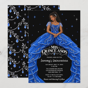 Convites Menina Negra Azul Real Quinceañera Prata