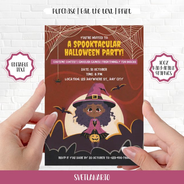 Convites Menina negra e bonita de bruxas afro-americanas do (Cute Little Black African American Witch Halloween Invitation)