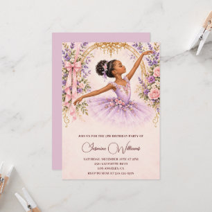 Convites Menina Negra Lavanda Floral Bailarina 5º Aniversár
