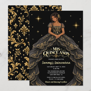 Convites Menina Negra Ouro Barroco Quinceañera