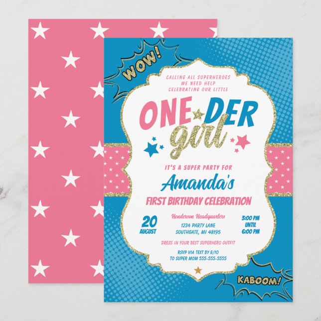 Convites Menina Onder Rosa e Azul Primeiro Aniversário (Frente/Verso)