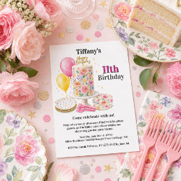 Convites Menina Onze Rosa Floral Bolo de Aniversário Festa