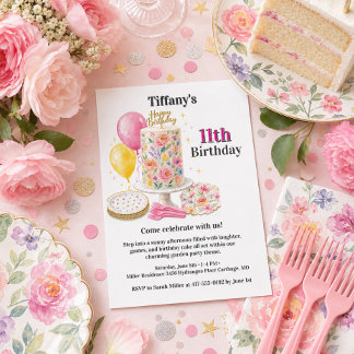 Convites Menina Onze Rosa Floral Bolo de Aniversário Festa