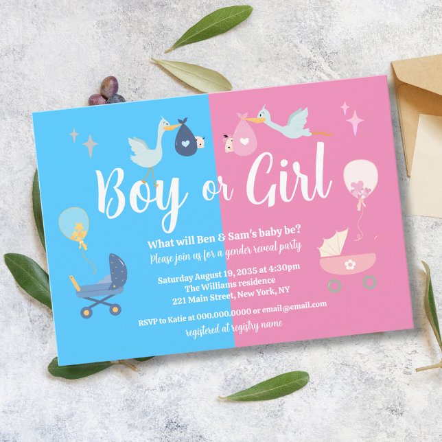 Convites Menina ou Menina Moderna, Festa de Sexo Rosa Azul (Boy or Girl Modern Blue Pink Gender Reveal Party Invitation
)