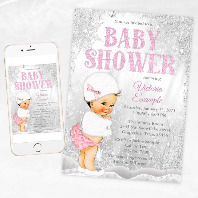 Convites Menina País das Maravilhas de Inverno Chá de Bebê  (Girl winter wonderland baby shower invitation. For instant download and print.)