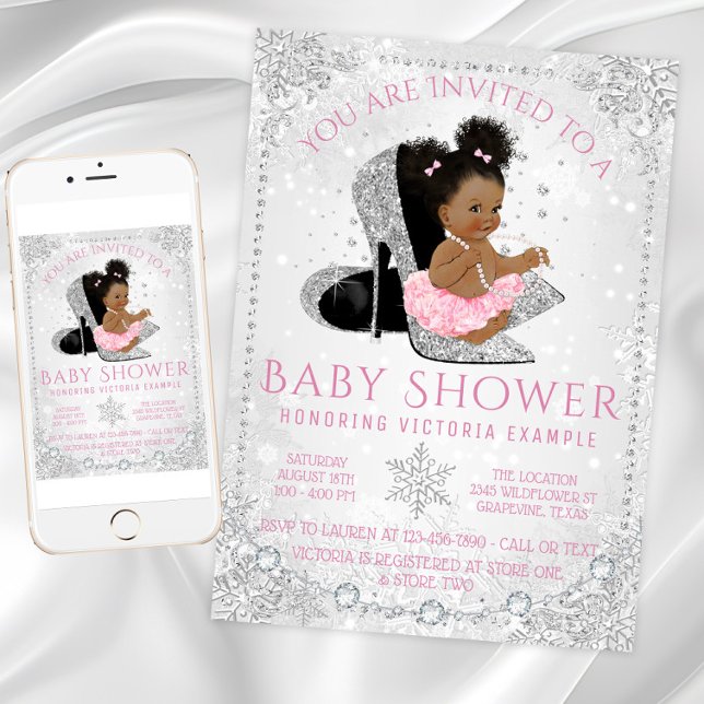 Convites Menina País das Maravilhas de Inverno Rosa Floco d (Girl winter wonderland snowflake baby shower. Instant download and printed invitations available.)
