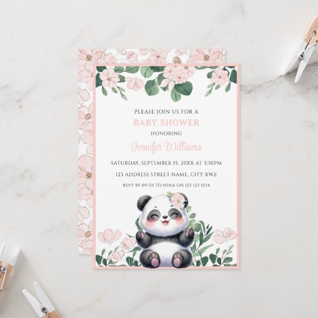 Convites Menina Panda Fofa com Flores Rosa Churrasco de Beb (Frente/Verso In Situ)