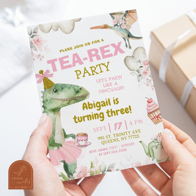 Convites Menina Pastel Dinosaur Tutu Tea-Rex Primeiro Anive (Criador carregado)
